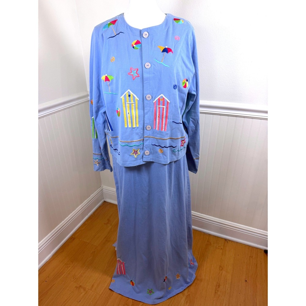 Michael Simon Lite Dress Set Women Large Blue Beach Embroidery Cardigan Maxi 2pc